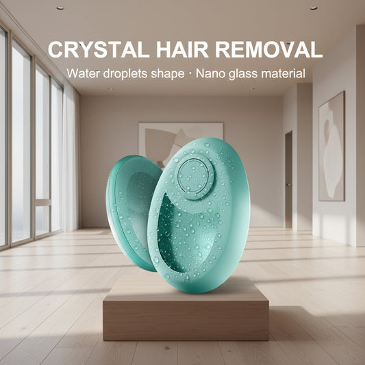 Crystal hair removal device with water droplets shape and nano glass material on a light blue background