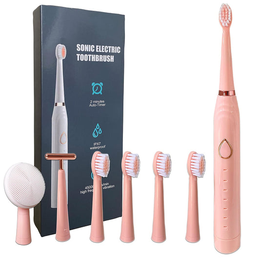 Pink sonic electric toothbrush set with packaging and additional brushes on a white background